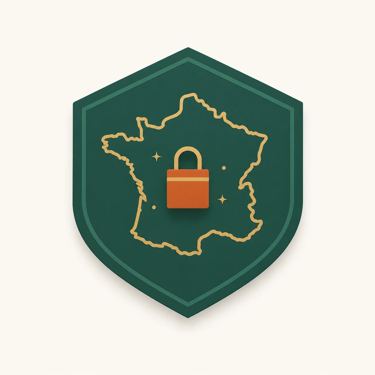 Bouclier hexagonal vert sapin avec silhouette dorée de la France et cadenas orange au centre