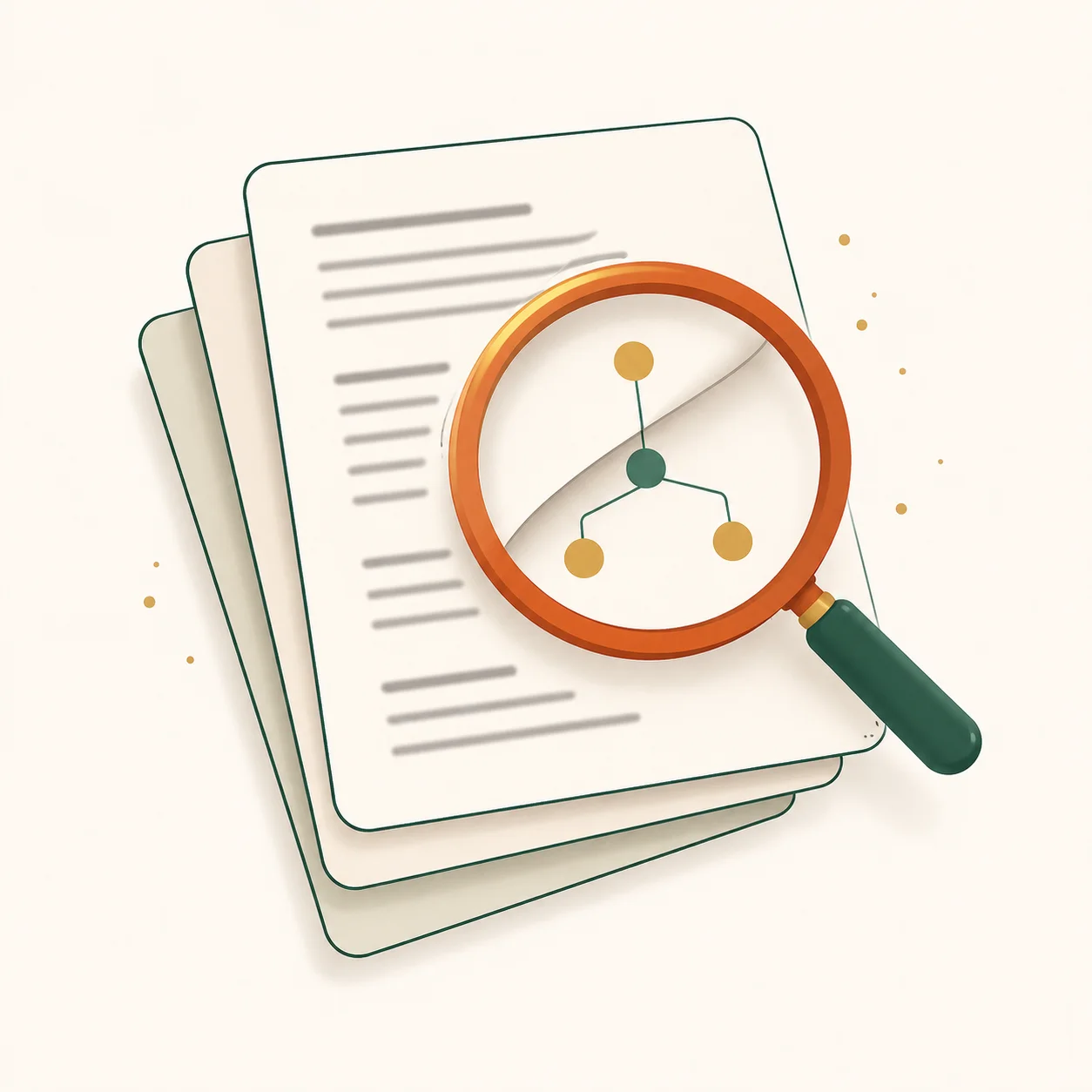 Loupe orange révélant un schéma technique au cœur d'une pile de documents