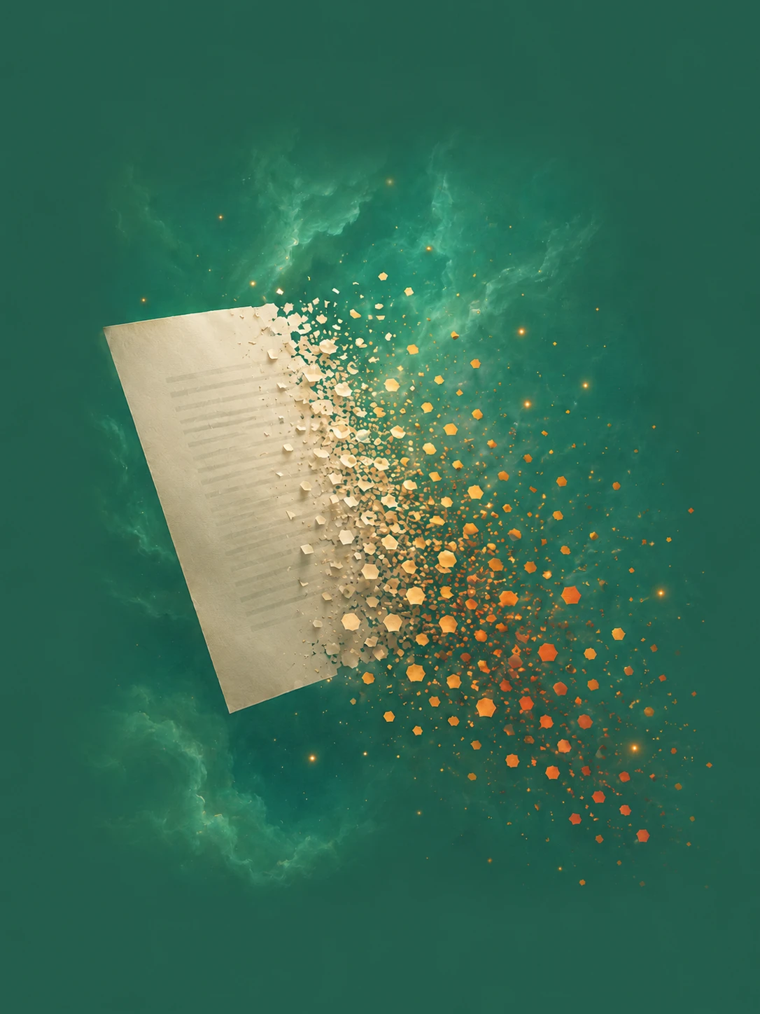 Illustration : document blanc qui se désagrège en fragments hexagonaux dorés dispersés sur fond vert sapin profond, métaphore d'une fuite documentaire
